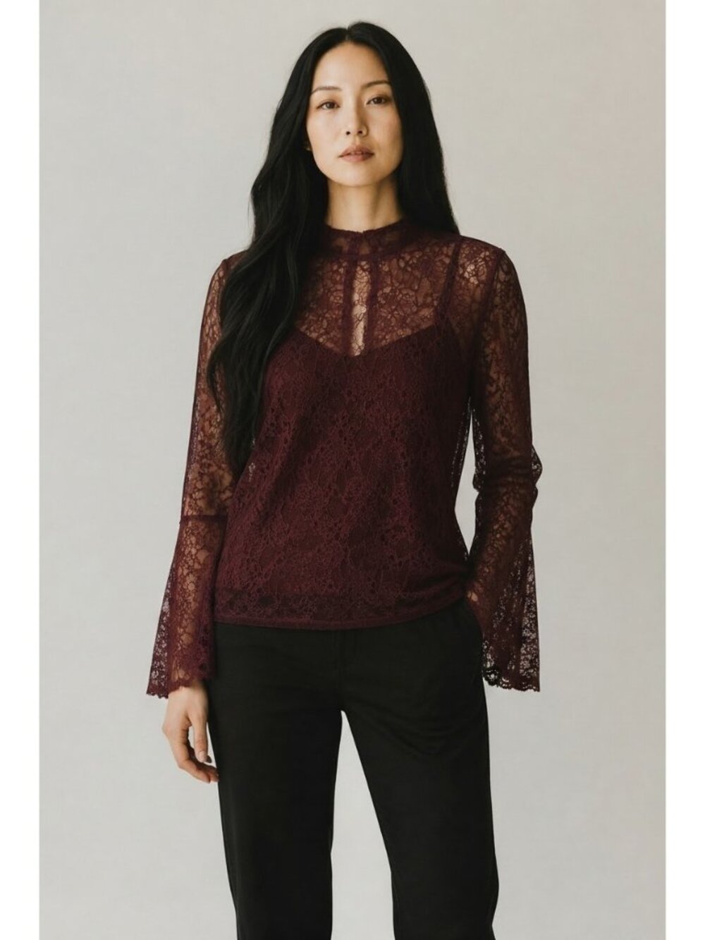Theory Sheer Lace Layered Top S Dark Coquette Slit Bell Sleeves Burgundy